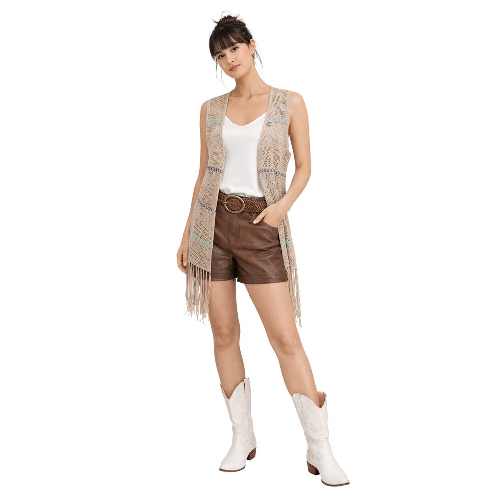 Umgee USA Womens Boho Fringe Knit Vest Taupe Embroidered Pointelle Open Front L